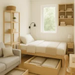 Interior of a tiny home with organized, multi-functional storage solutions, including hidden storage under the sofa and bed, wall-mounted shelves, and compact furniture, showcasing a clean, minimalist, and functional living space.