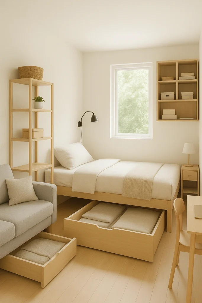 Interior of a tiny home with organized, multi-functional storage solutions, including hidden storage under the sofa and bed, wall-mounted shelves, and compact furniture, showcasing a clean, minimalist, and functional living space.