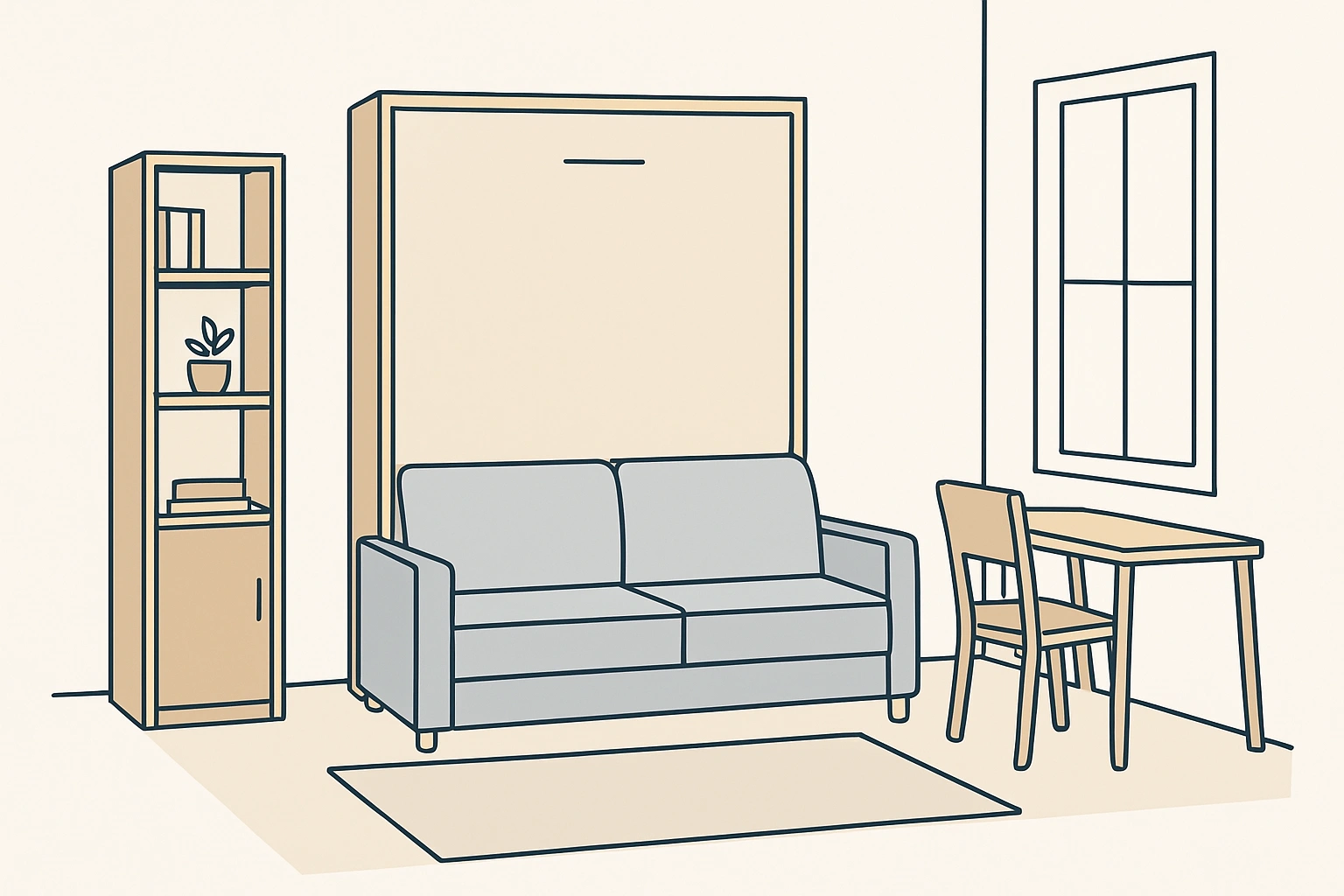 A Murphy bed with an integrated sofa, shown in its closed position in a modern studio apartment.