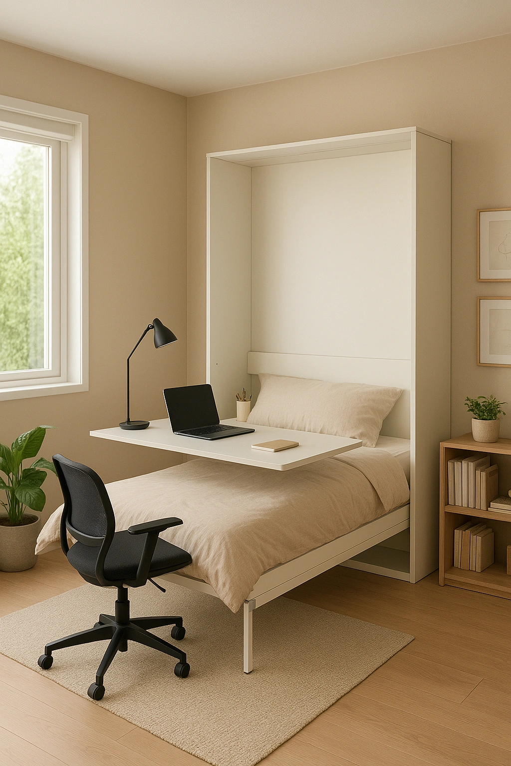 A Murphy beds space saving with an integrated desk, shown in its bed-down position in a home office.