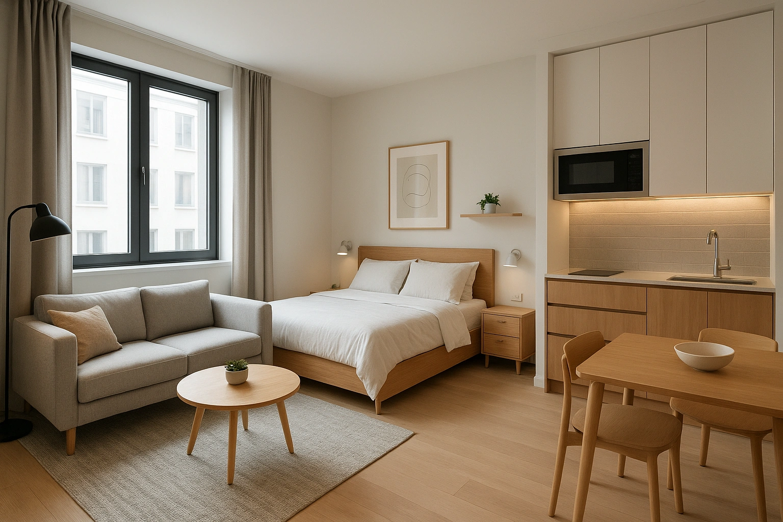 A beautifully designed, modern studio apartment showcasing smart furniture choices.