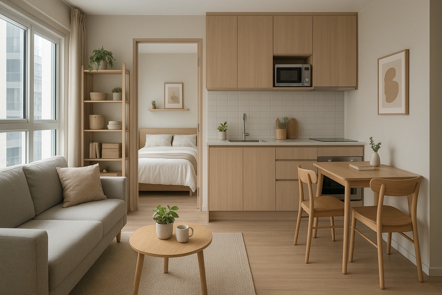 A beautifully organized and stylish small apartment, demonstrating effective compact living tips.