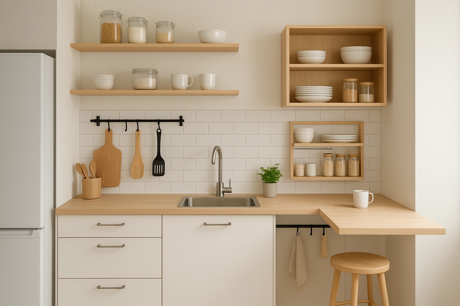 A beautifully organized small kitchen showcasing smart kitchen storage for small spaces.