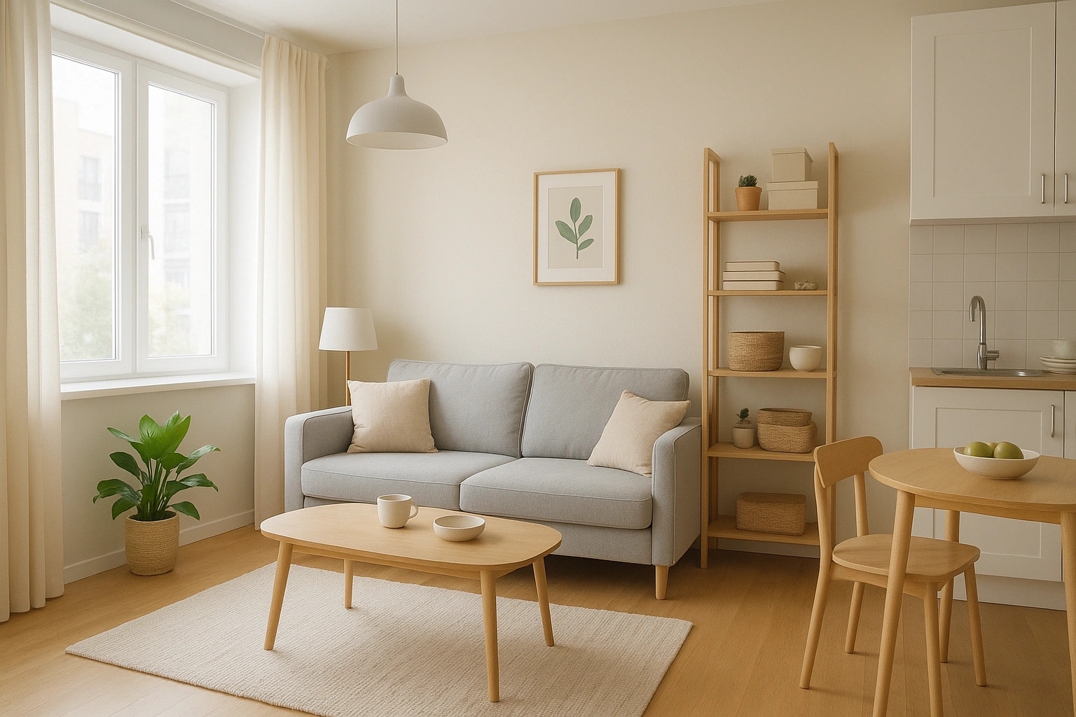 A bright and airy small apartment living room that effectively uses several compact living hacks.