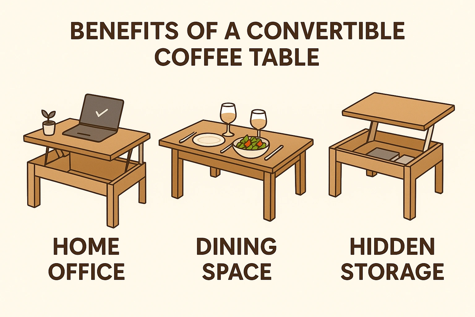 A chart showing the benefits of a convertible coffee table home office, dining space, and hidden storage.