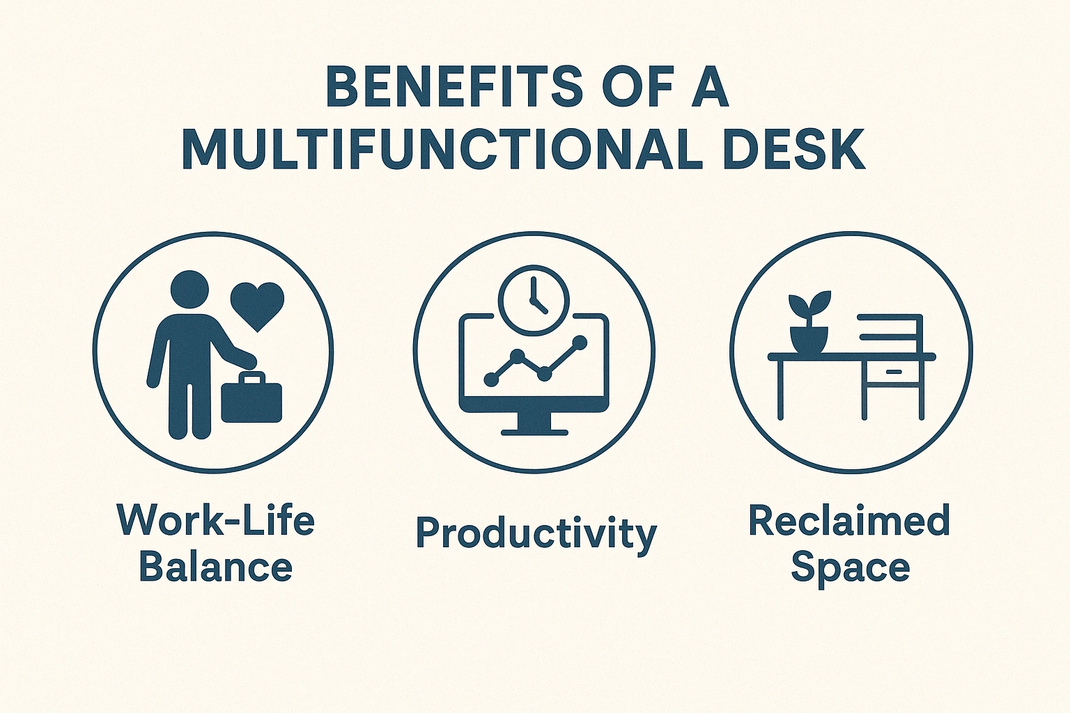 A chart showing the benefits of a multifunctional desk work-life balance, productivity, and reclaimed space.