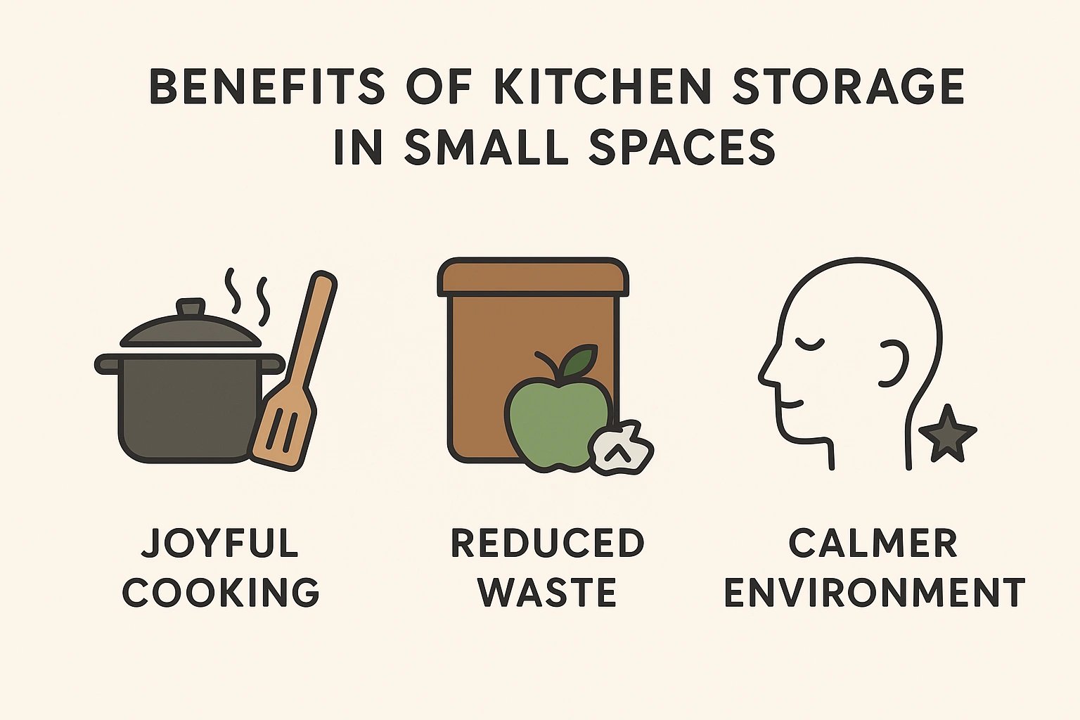 A chart showing the benefits of kitchen storage in small spaces joyful cooking, reduced waste, and a calmer environment.