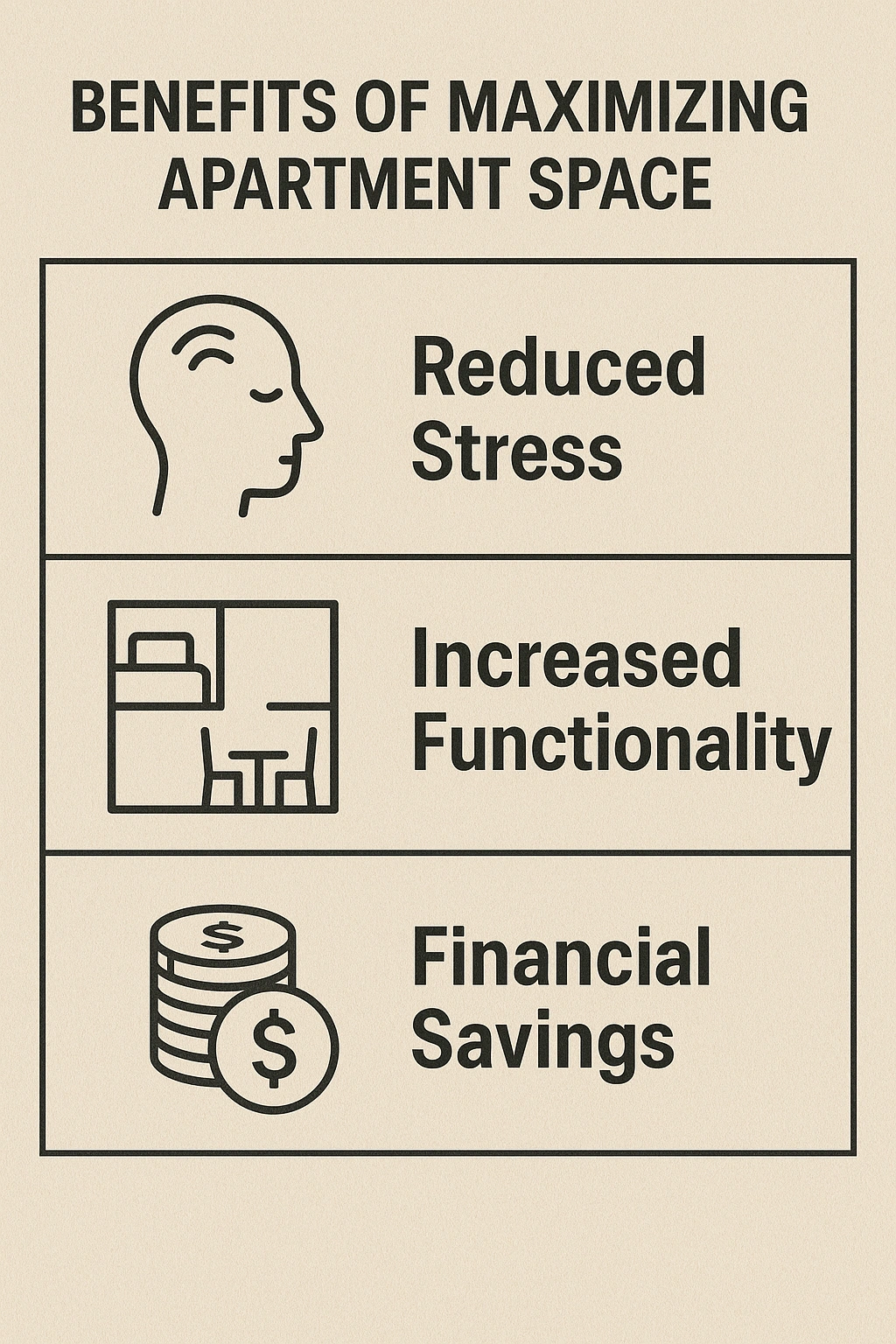 A chart showing the benefits of maximizing apartment space reduced stress, increased functionality, and financial savings.