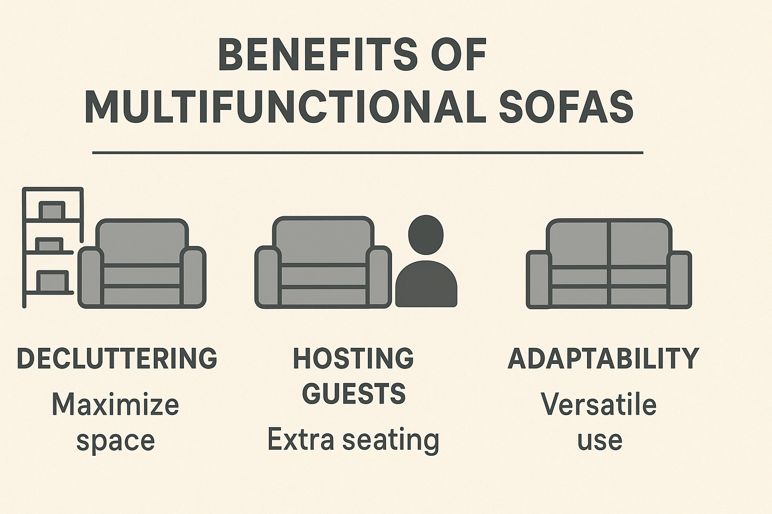 A chart showing the benefits of multifunctional sofas decluttering, hosting guests, and adaptability.