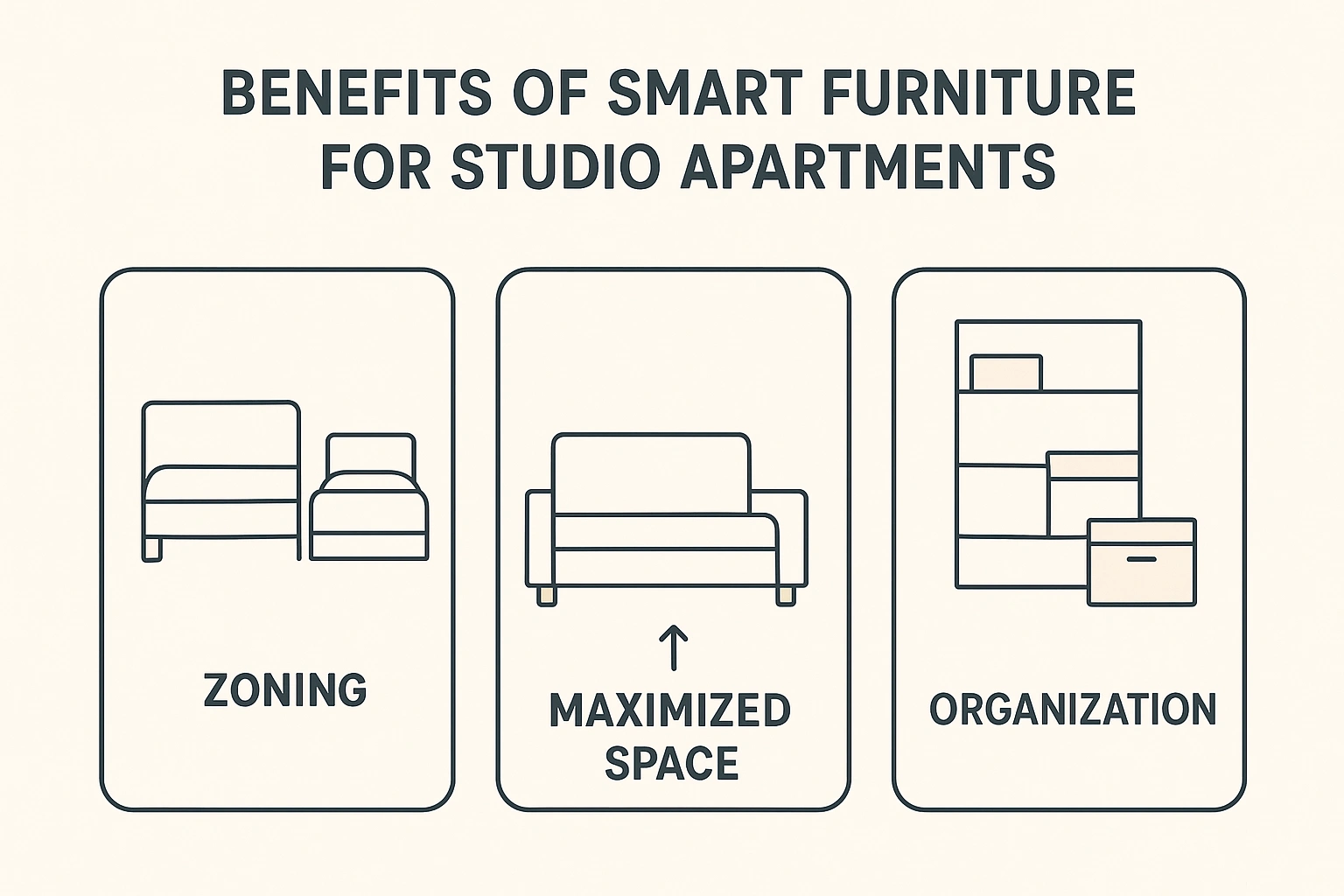 A chart showing the benefits of smart furniture for studio apartments zoning, maximized space, and organization.