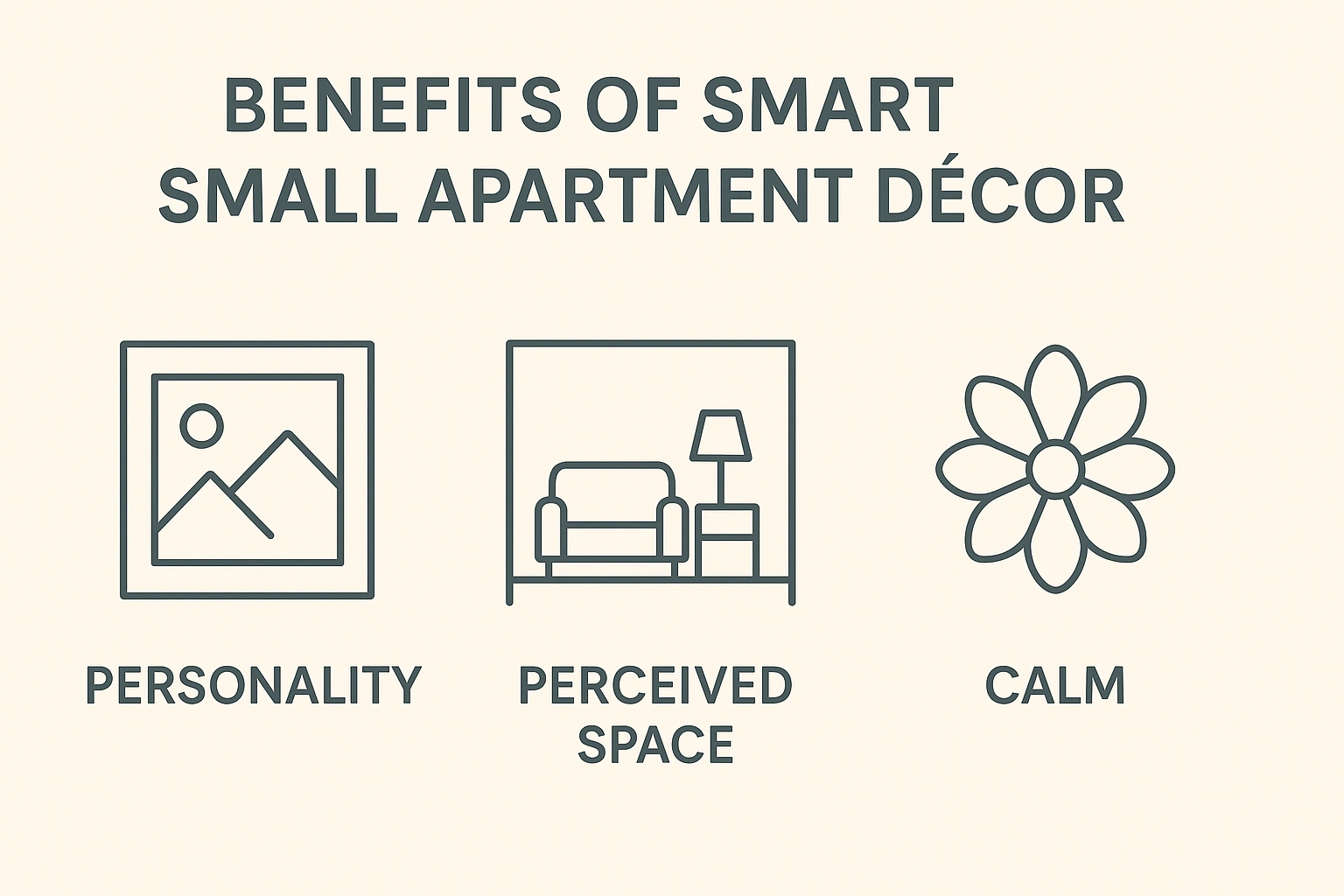 A chart showing the benefits of smart small apartment décor personality, perceived space, and calm.