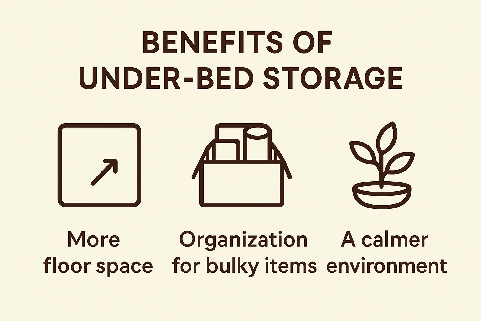A chart showing the benefits of under-bed storage more floor space, organization for bulky items, and a calmer environment.