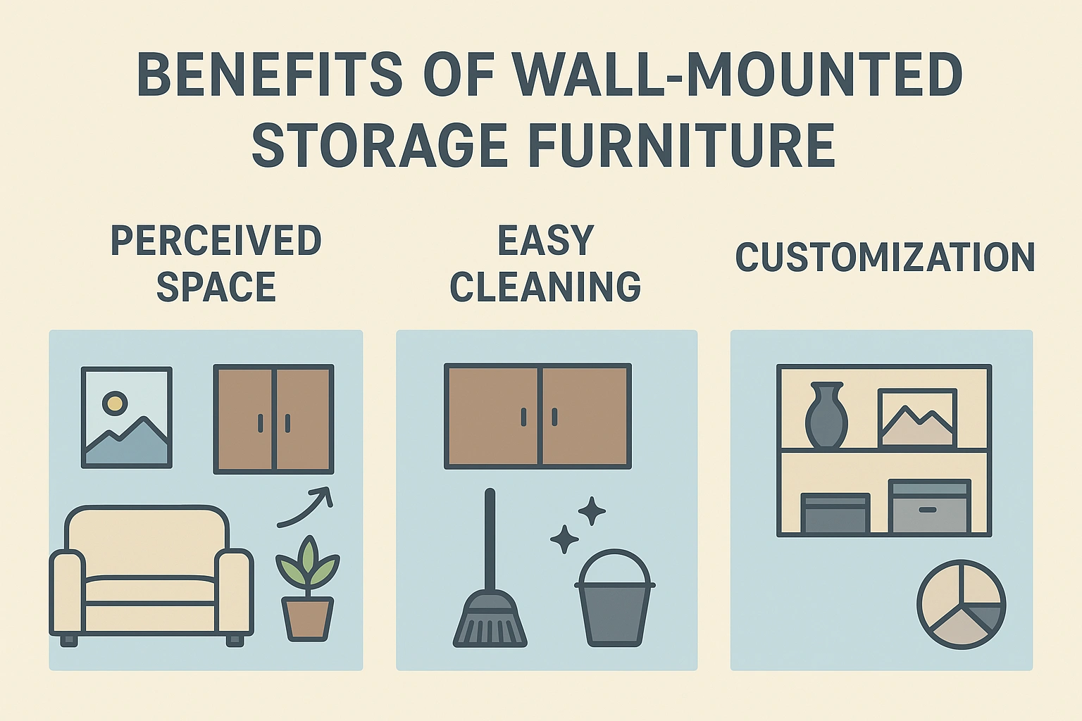 A chart showing the benefits of wall-mounted storage furniture perceived space, easy cleaning, and customization.