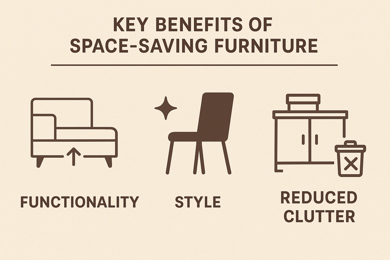 A chart showing the key benefits of space saving furniture functionality, style, and reduced clutter.