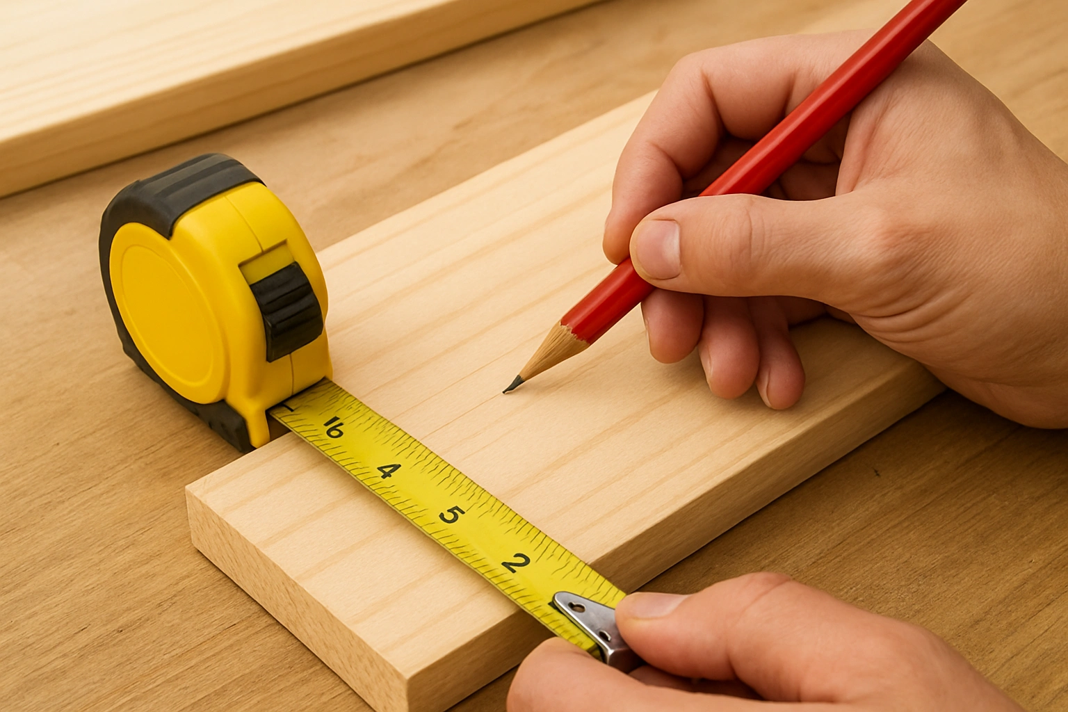 A close-up of someone measuring wood, demonstrating one of the compact storage tips for a successful DIY project.