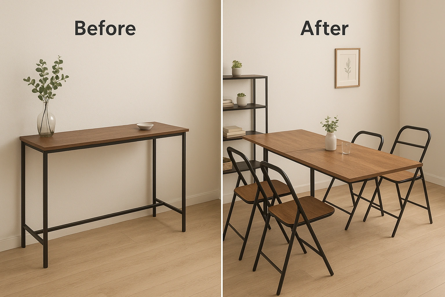 A console table being transformed into a long dining table, showcasing its space-saving design.