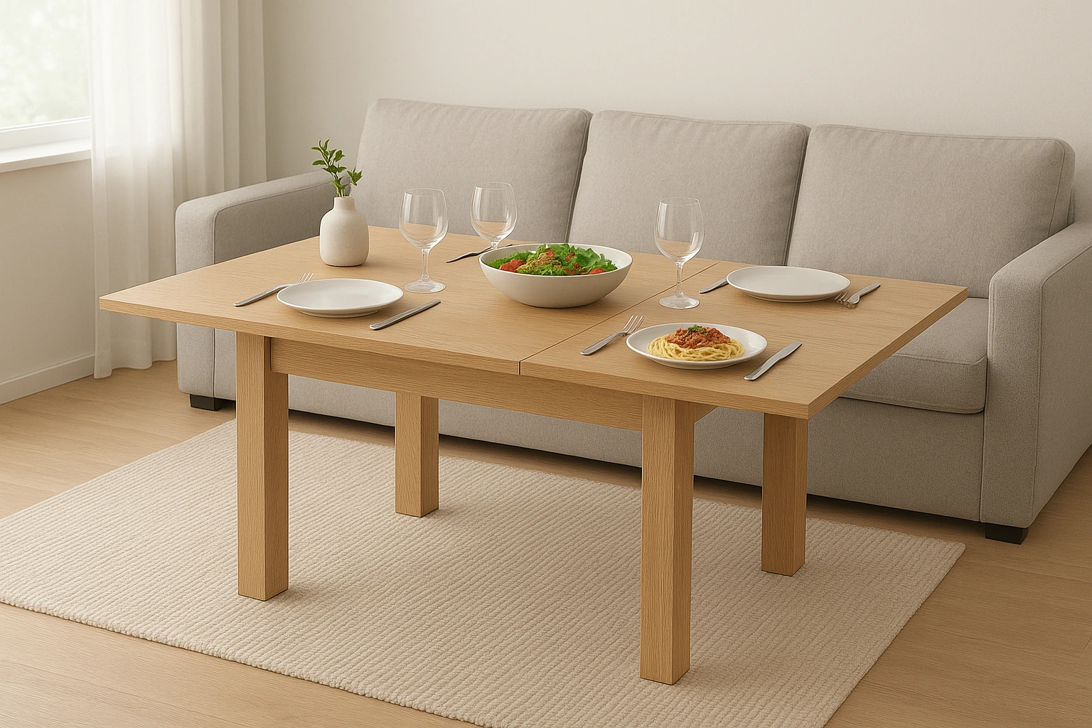 A convertible coffee table shown in its expanded dining table form, set for a meal.