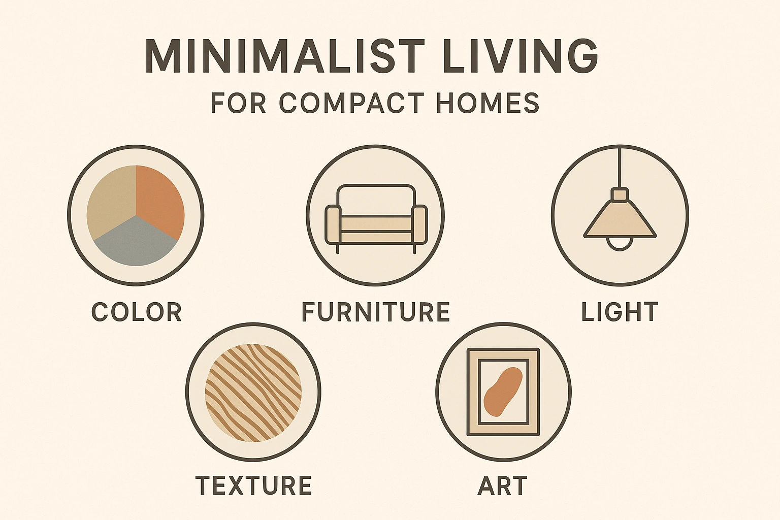 A diagram showing the five core elements of minimalist living for compact homes Color, Furniture, Light, Texture, and Art.