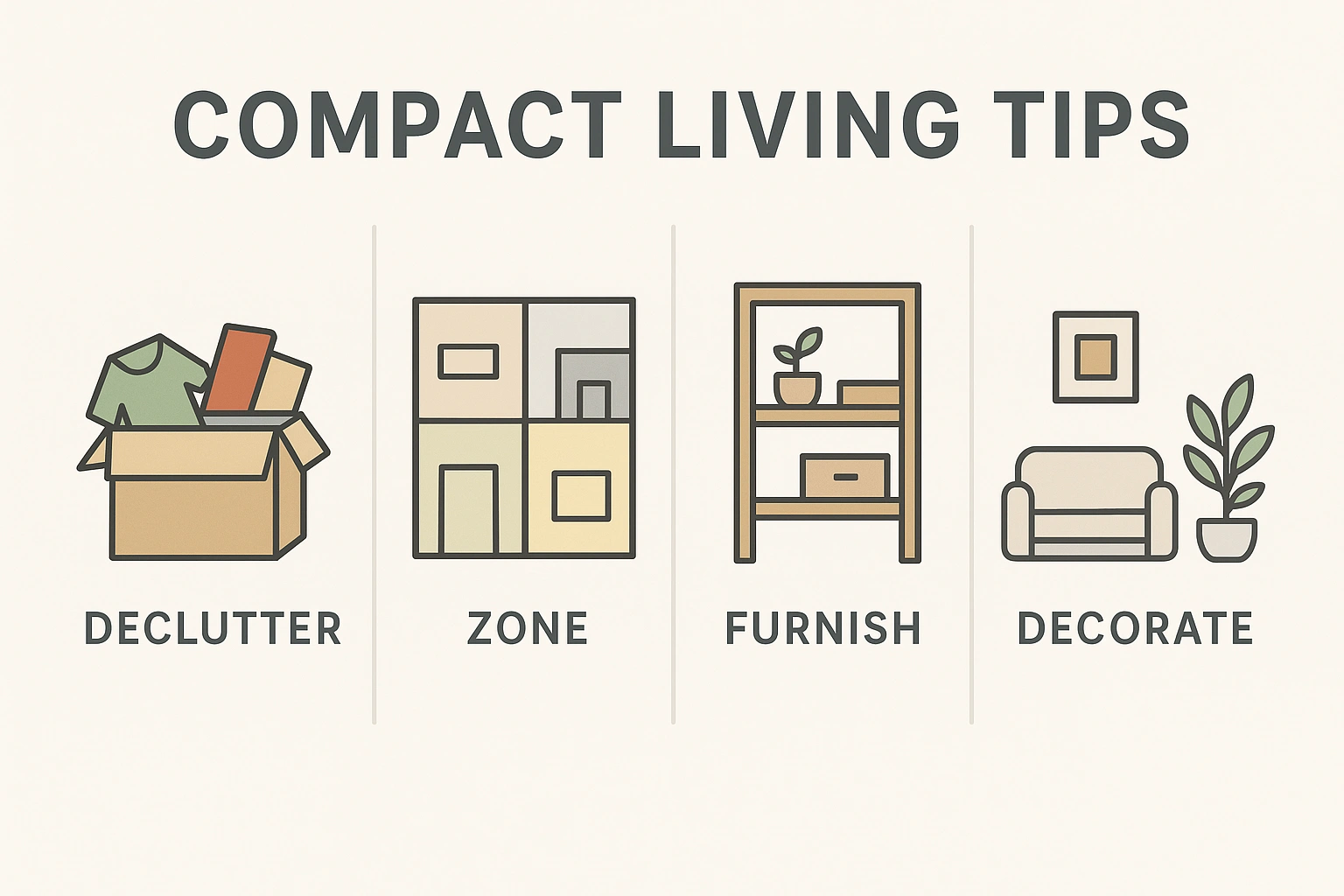 A diagram showing the four pillars of compact living tips Declutter, Zone, Furnish, and Decorate.