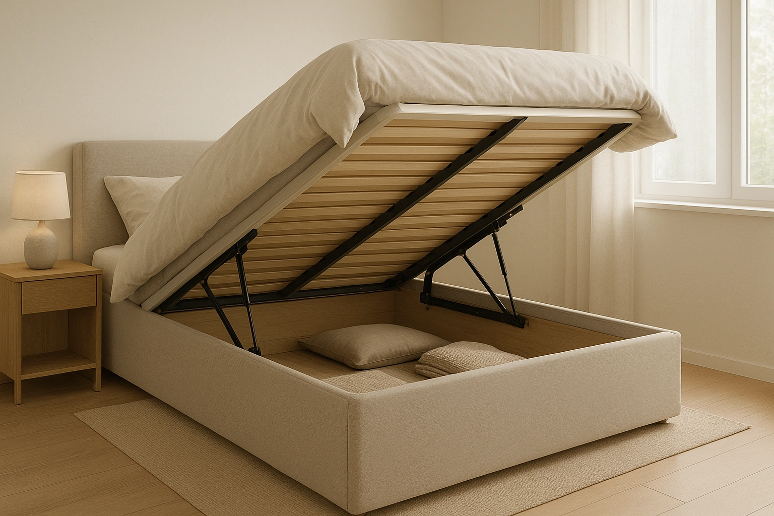 A hydraulic lift storage bed for under-bed storage small spaces, shown with the mattress platform lifted to reveal the large storage compartment underneath.