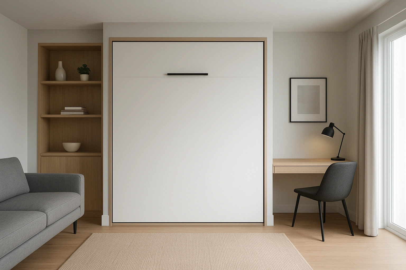 A modern Murphy bed folded up against the wall in a stylish, multi-functional room.