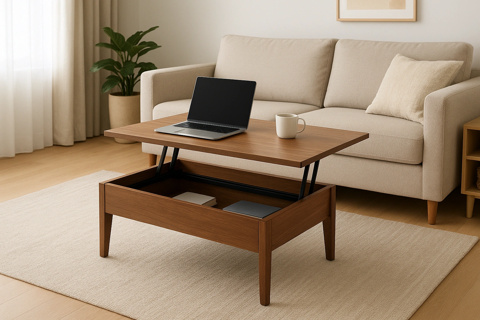 A modern convertible coffee table with its top lifted to create a workspace in a stylish living room.