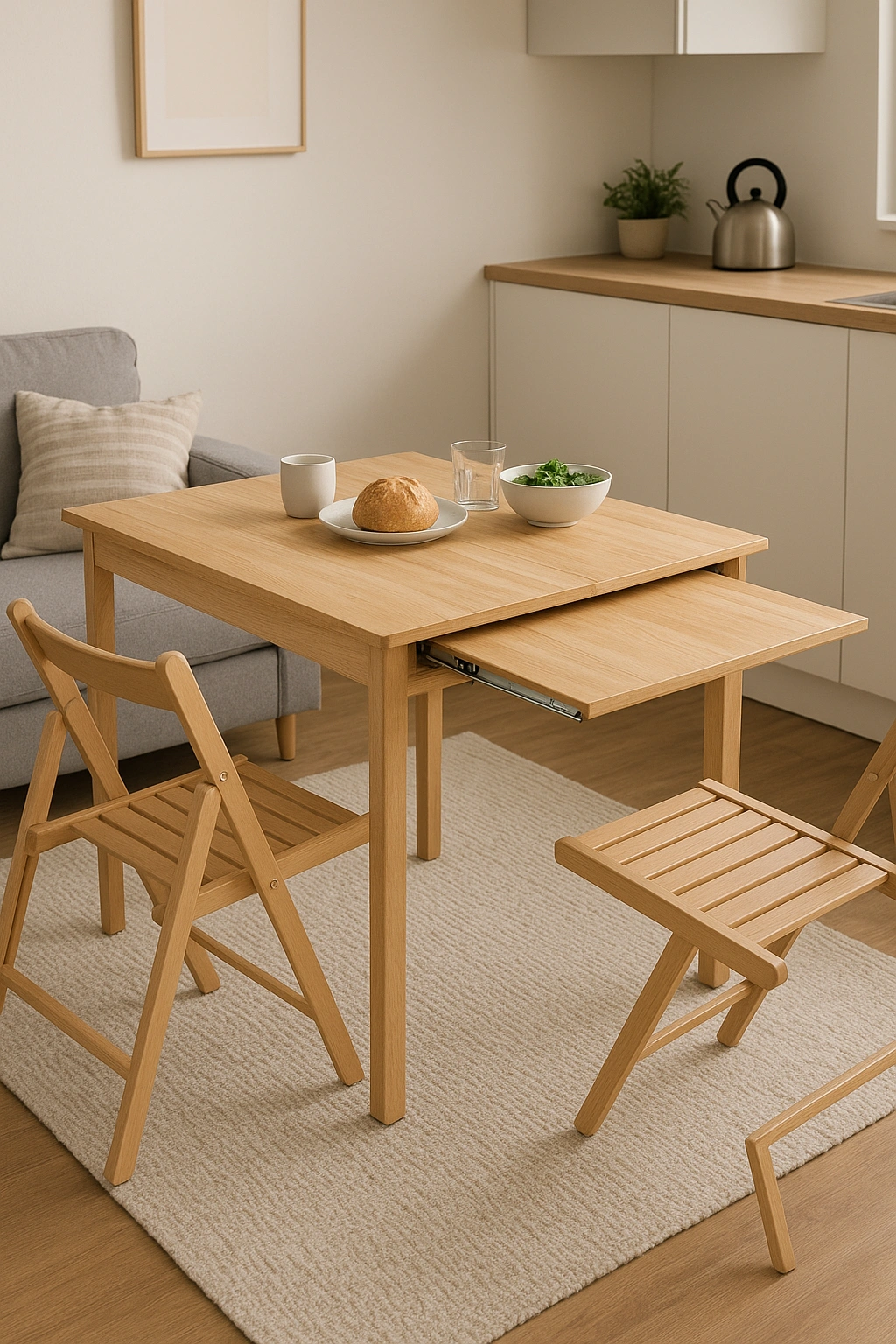 A modern, expandable space-saving dining table in a tiny home, shown half-extended.