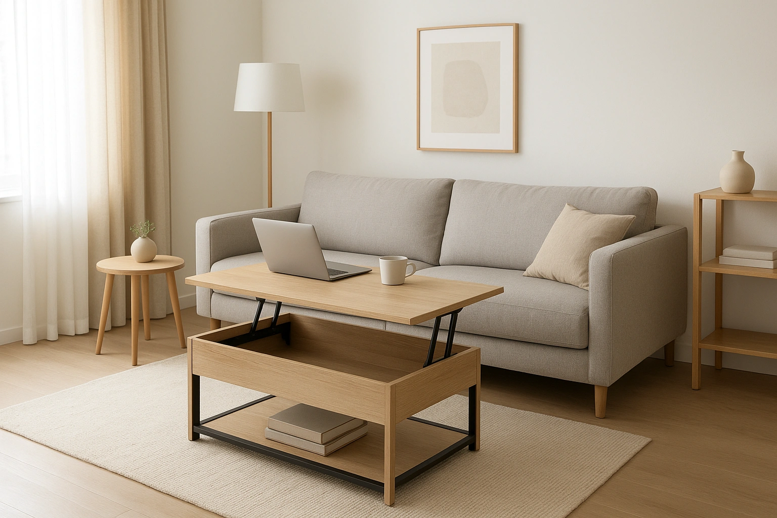 A modern living room featuring multifunctional furniture designs, including a lift-top coffee table.