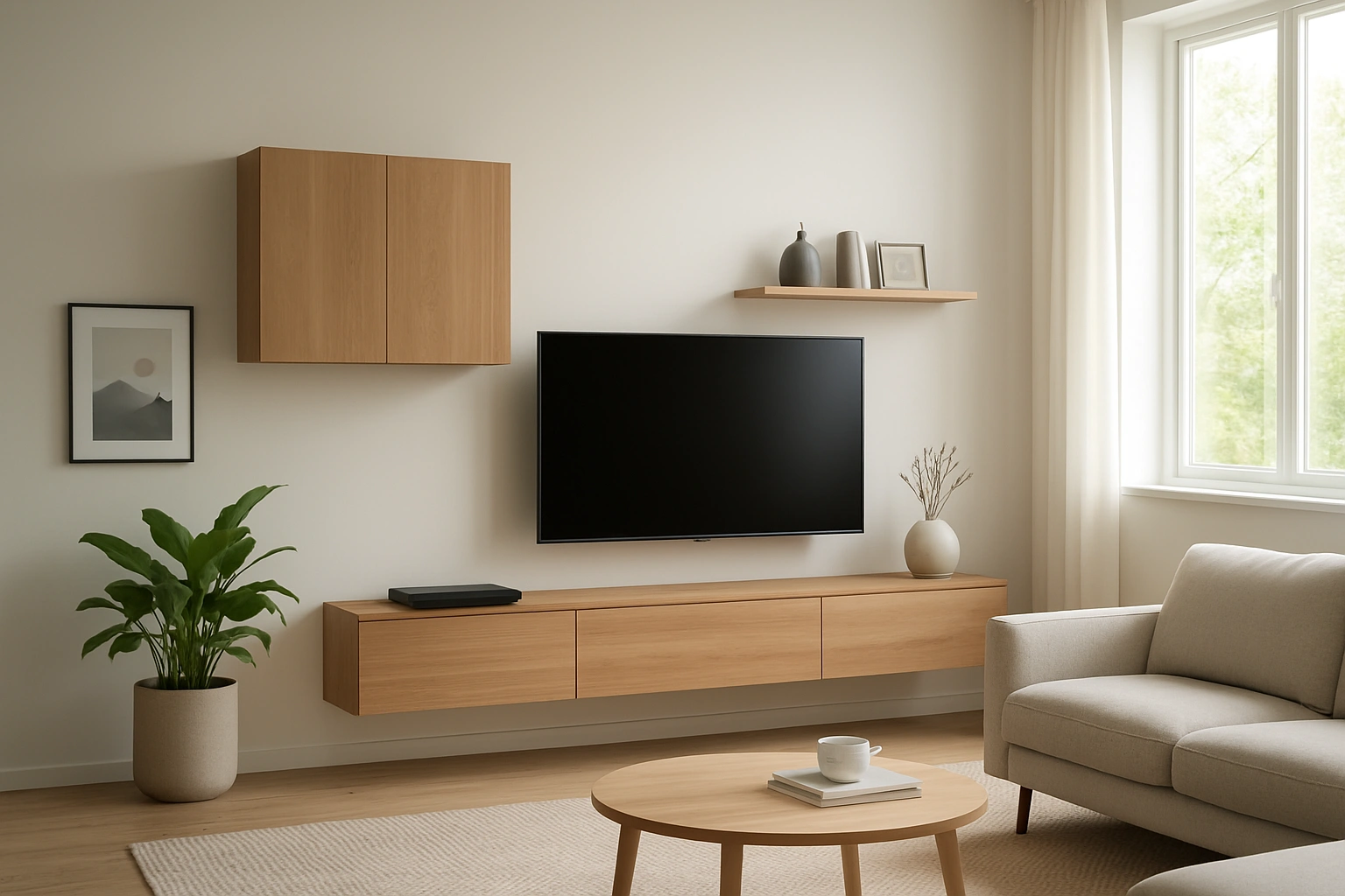 A modern living room featuring sleek, wall-mounted storage furniture, creating an open and airy feel.