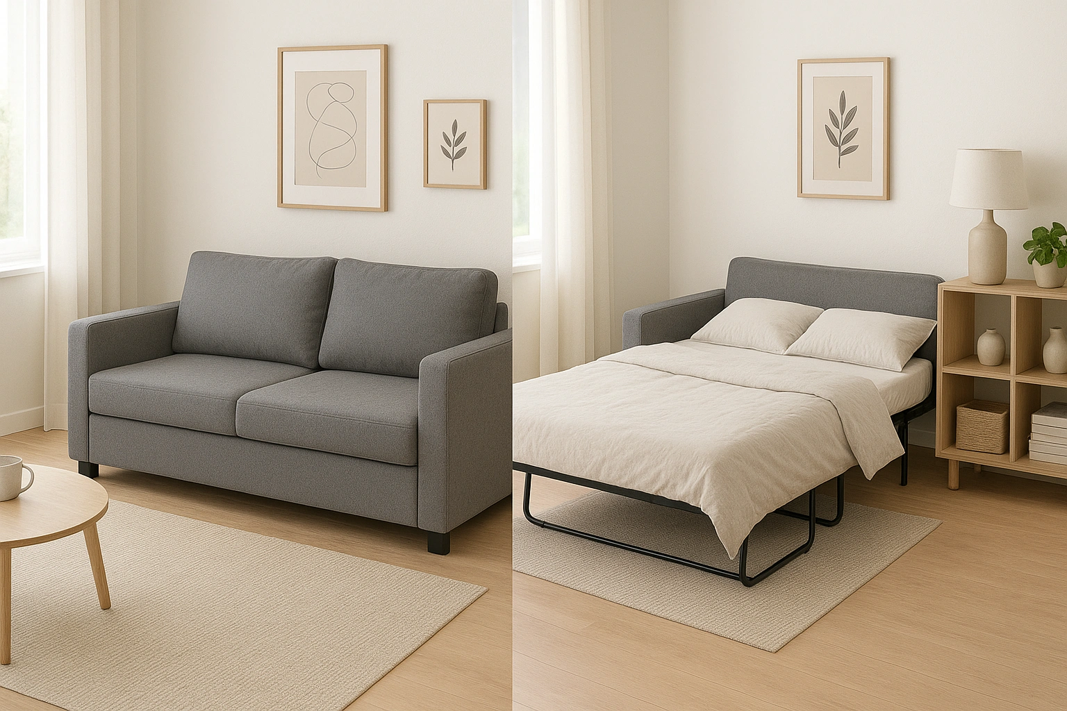 A modern multifunctional sofa bed in a bright apartment, showing its transformation from sofa to bed, highlighting comfort, style, and space-saving design.
