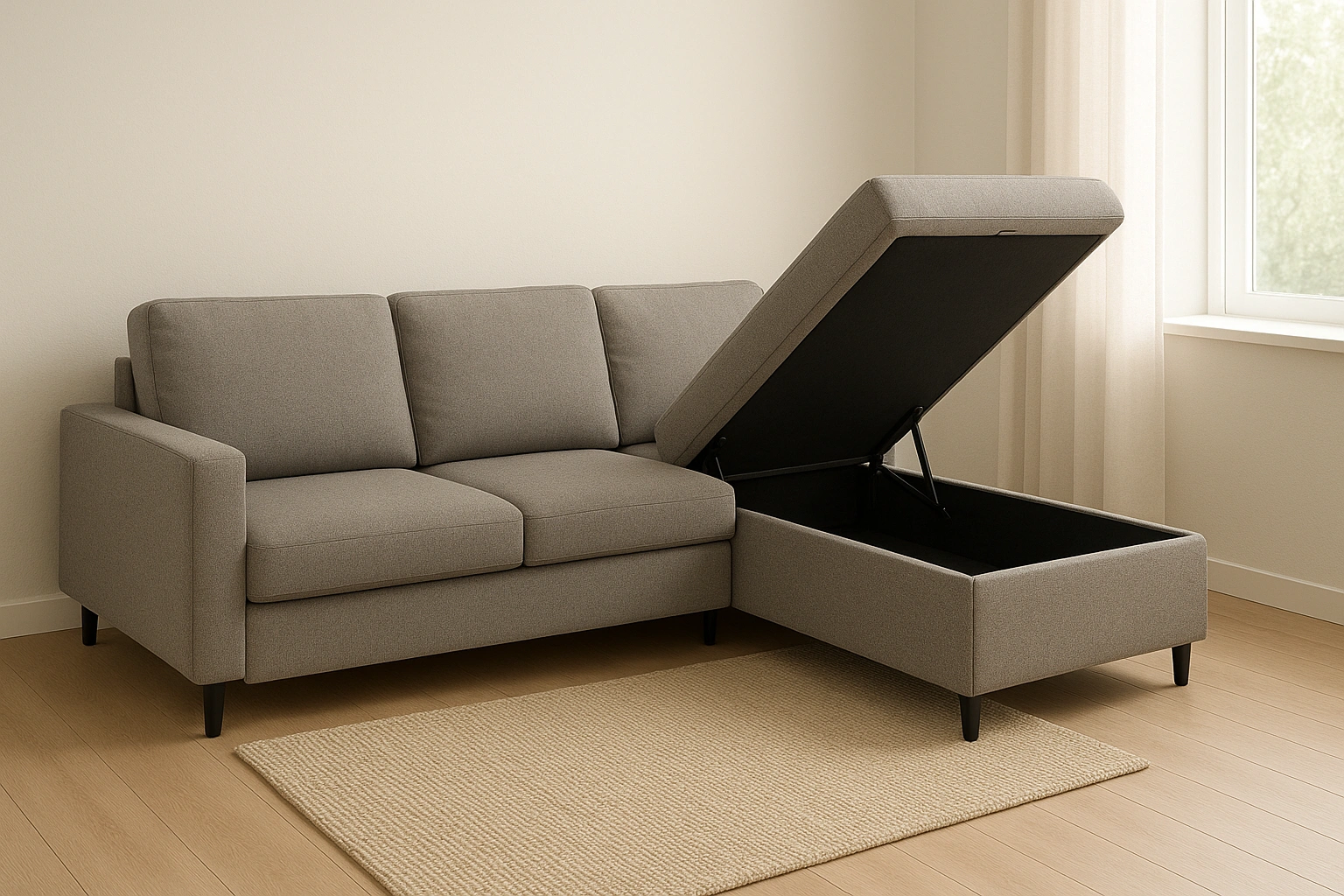 A modern sectional sofa with its storage chaise lifted to reveal the hidden compartment inside.