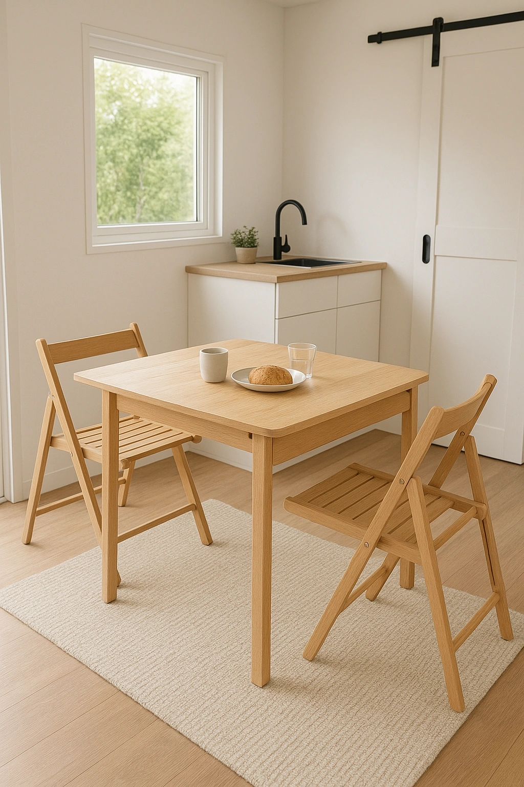 A modern tiny home dining area with a foldable space-saving dining table and chairs, showcasing compact, stylish, and multifunctional furniture in a minimalistic living space.