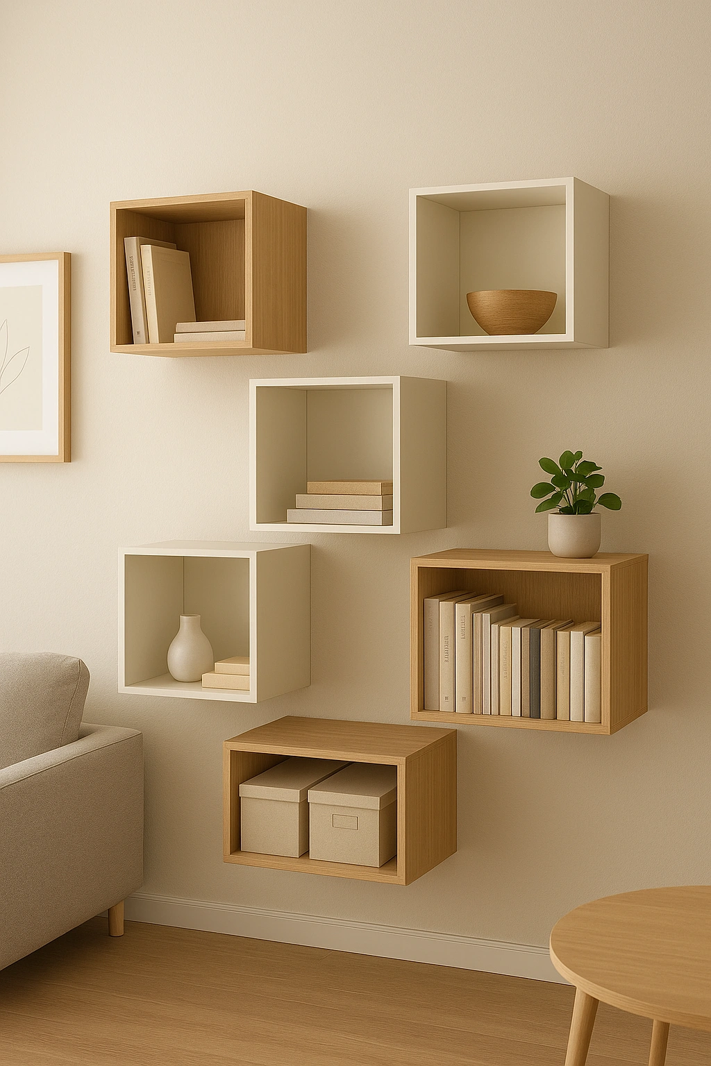 A set of stylish, modular wall-mounted storage units used as a bookcase and display in a modern living room.