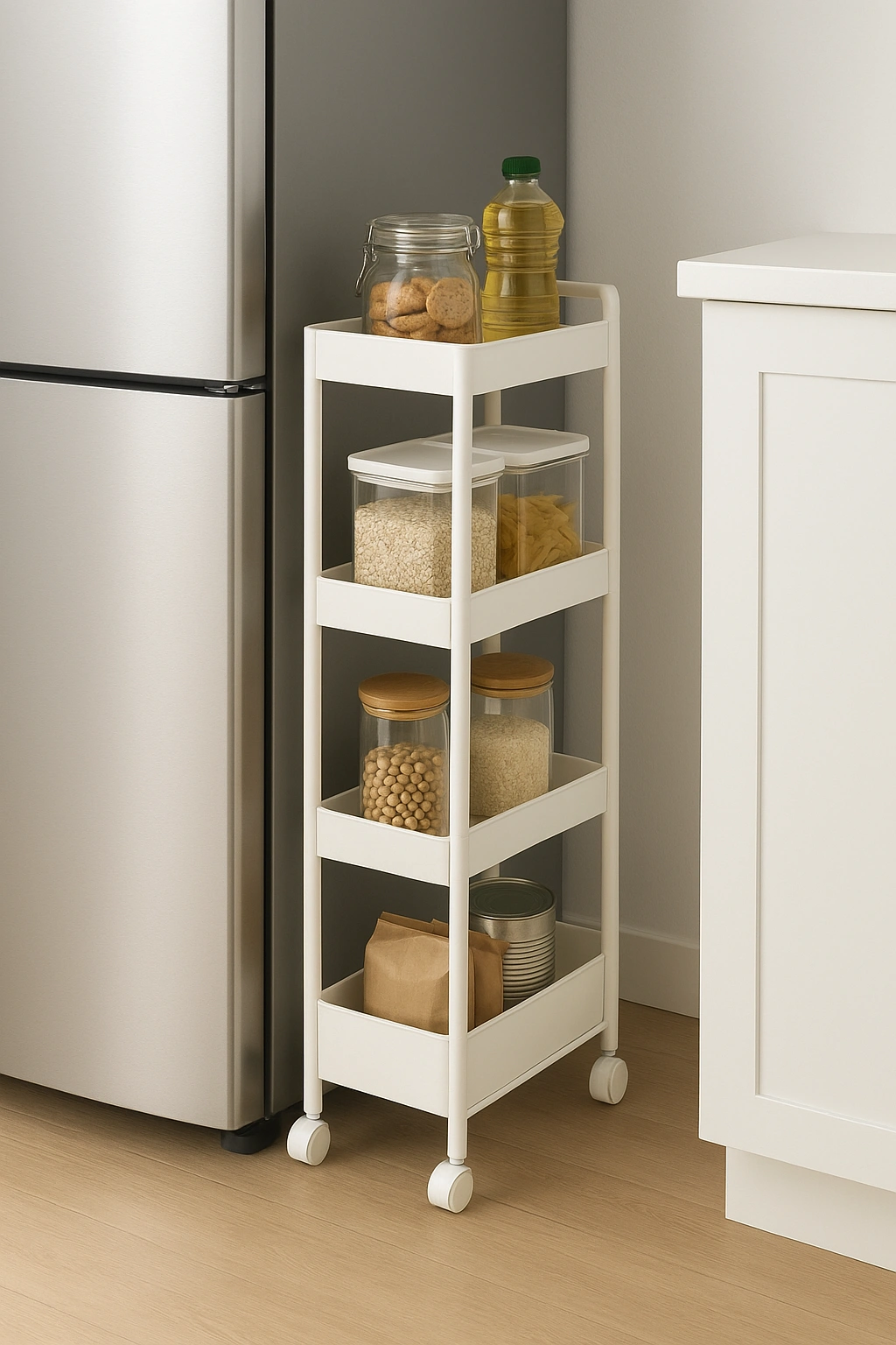 A slim rolling pantry cart for small kitchen storage, shown pulled out from the space between a refrigerator and a wall.