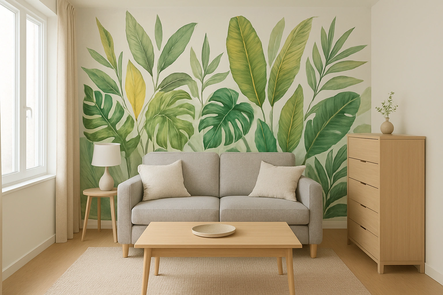 A small apartment living room with a bold, removable botanical wall mural behind the sofa.