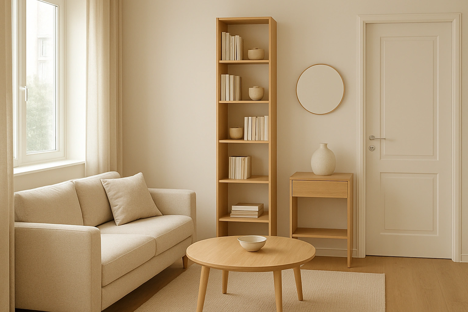 A small apartment using a tall, narrow bookcase to maximize vertical storage and save floor space, perfectly showcasing smart small space hacks apartment ideas for efficient living.