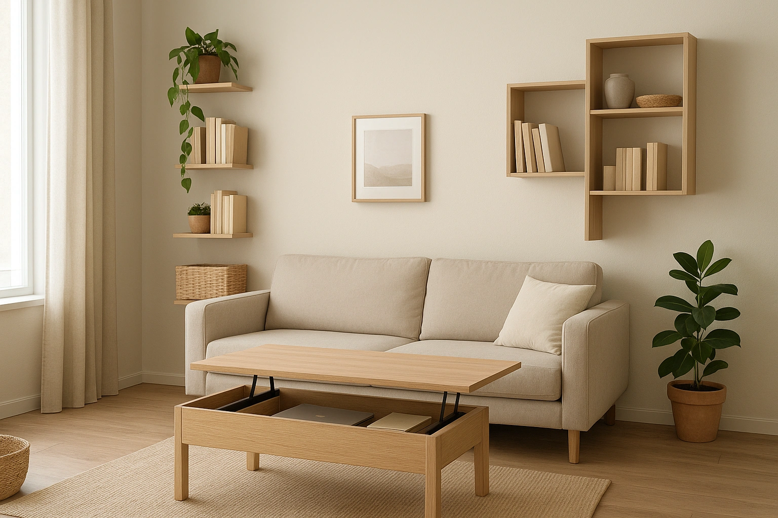 A small living room showcasing DIY storage hacks like vertical shelving and a smart coffee table.