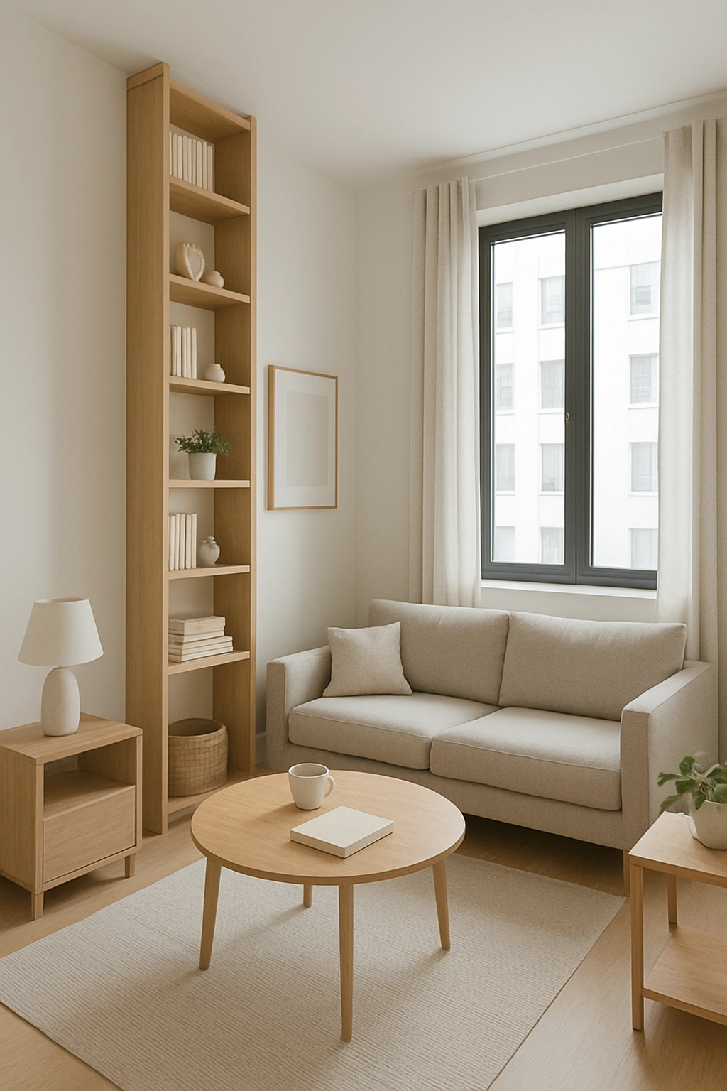 A small living room using tall, narrow shelving to maximize vertical space and draw the eye upward.