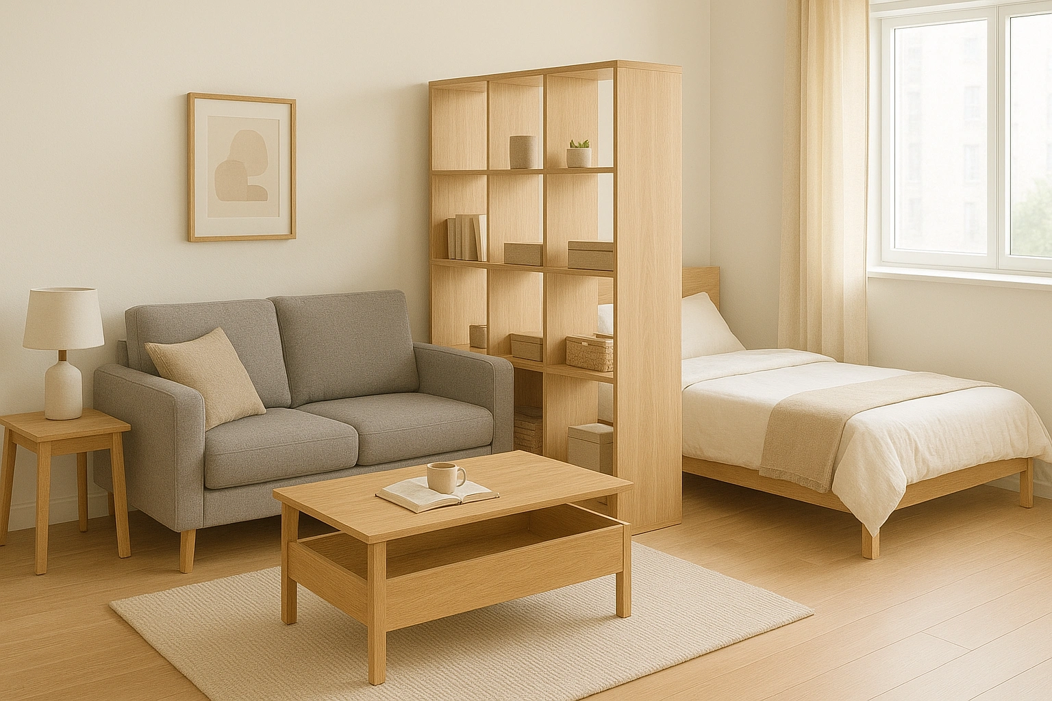 A studio apartment using small apartment furniture like an open-backed shelf as a room divider to create separate living and sleeping zones.