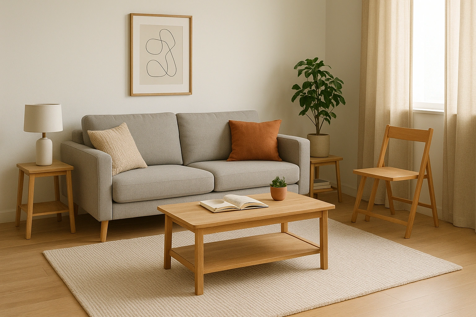 A stylish and affordable multifunctional living room featuring budget-friendly furniture.