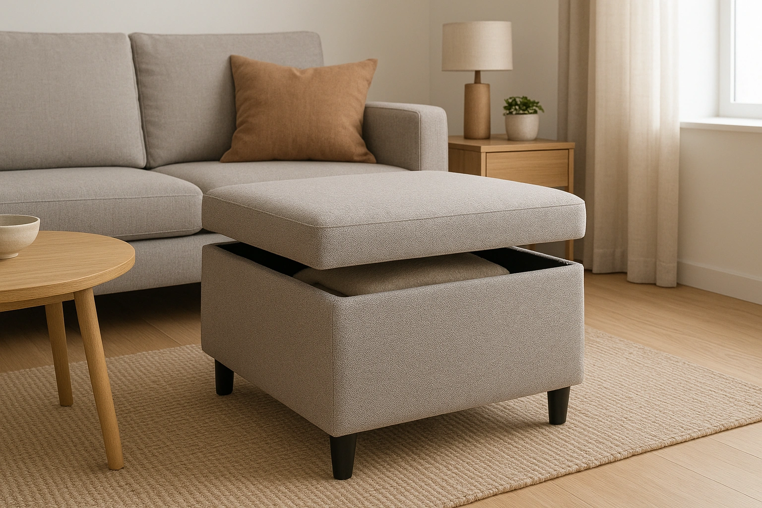 A stylish and affordable storage ottoman in a small living room, showcasing its multi-functionality.