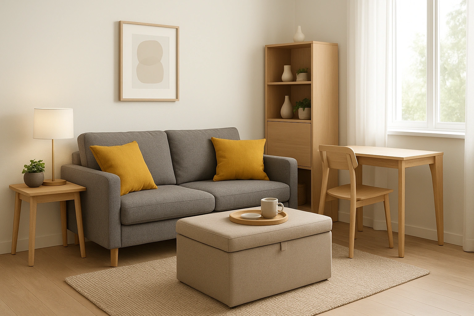 A stylish and cozy small living room furnished with affordable space-saving furniture.