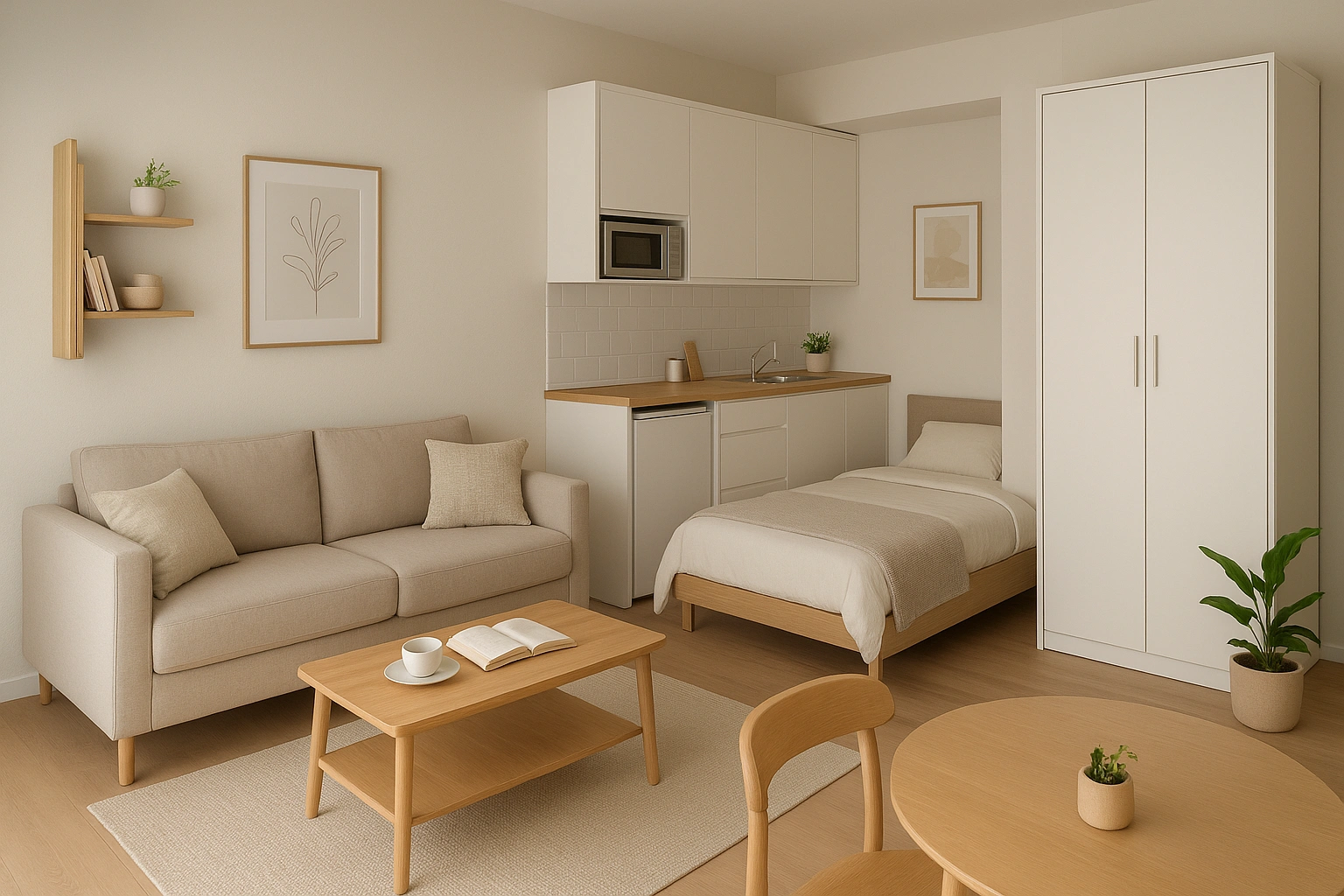 A stylish and well organized small apartment showcasing clever space saving furniture.