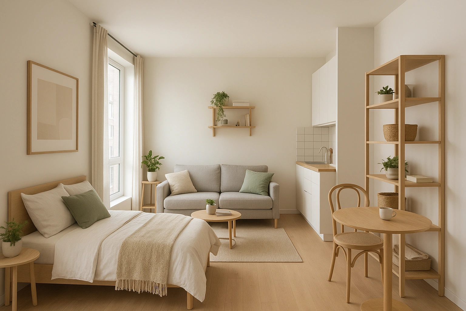 A stylish and well-organized studio apartment, demonstrating effective compact studio living tips.