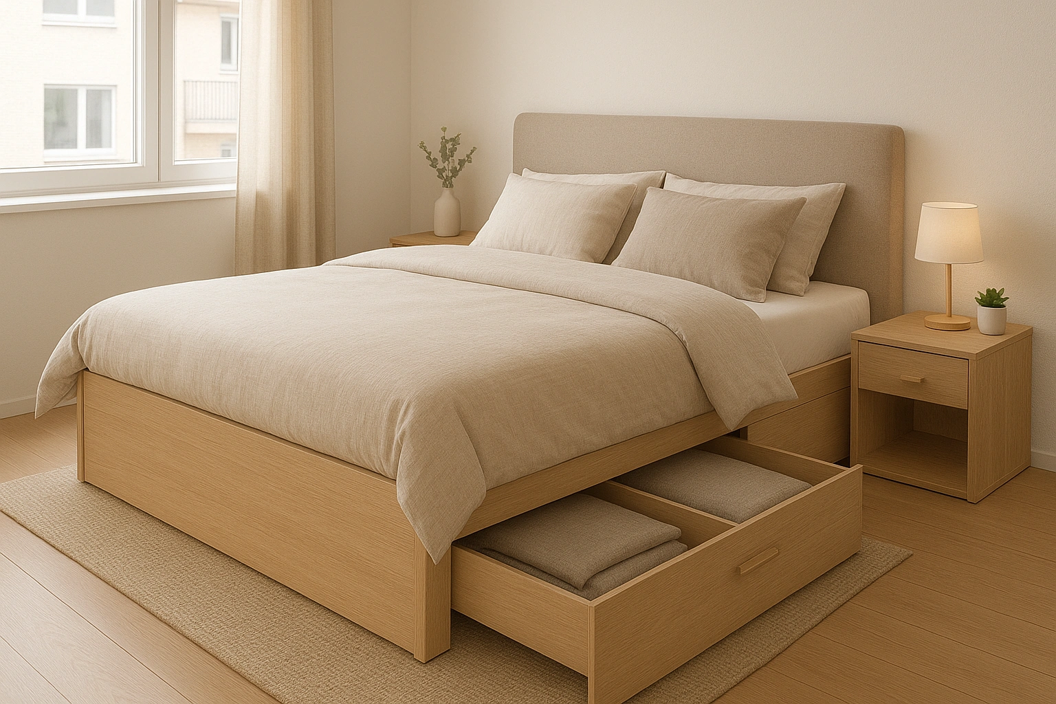 A stylish bed with large built-in drawers, showcasing a smart storage solution for a small bedroom.