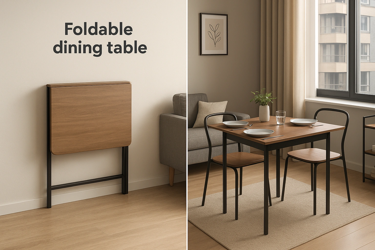 A stylish, compact foldable dining table shown in both its folded and expanded states in a modern apartment.
