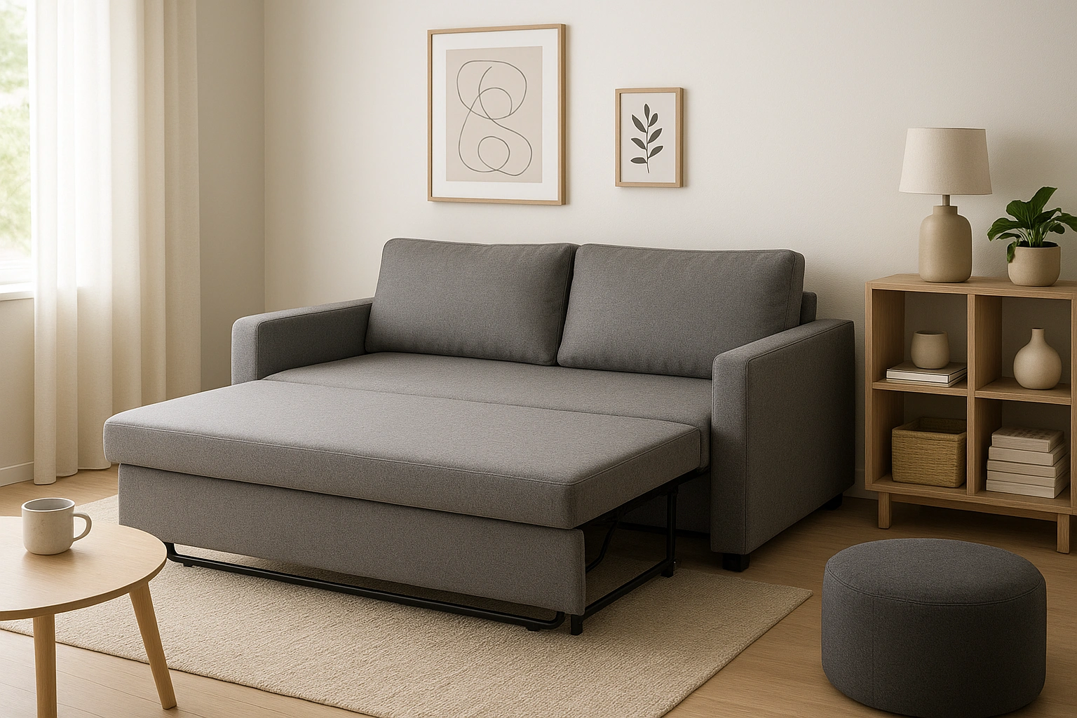 A stylish modern sofa bed in a well-decorated small living room, showcasing its space-saving design.