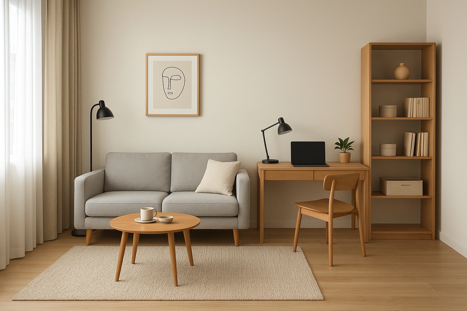 A stylish multifunctional living room design featuring distinct zones for lounging and working.