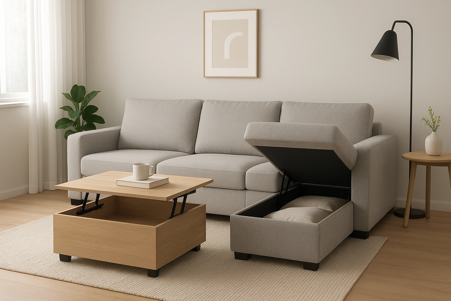 A stylish multifunctional sofa with a storage chaise in a modern apartment living room.