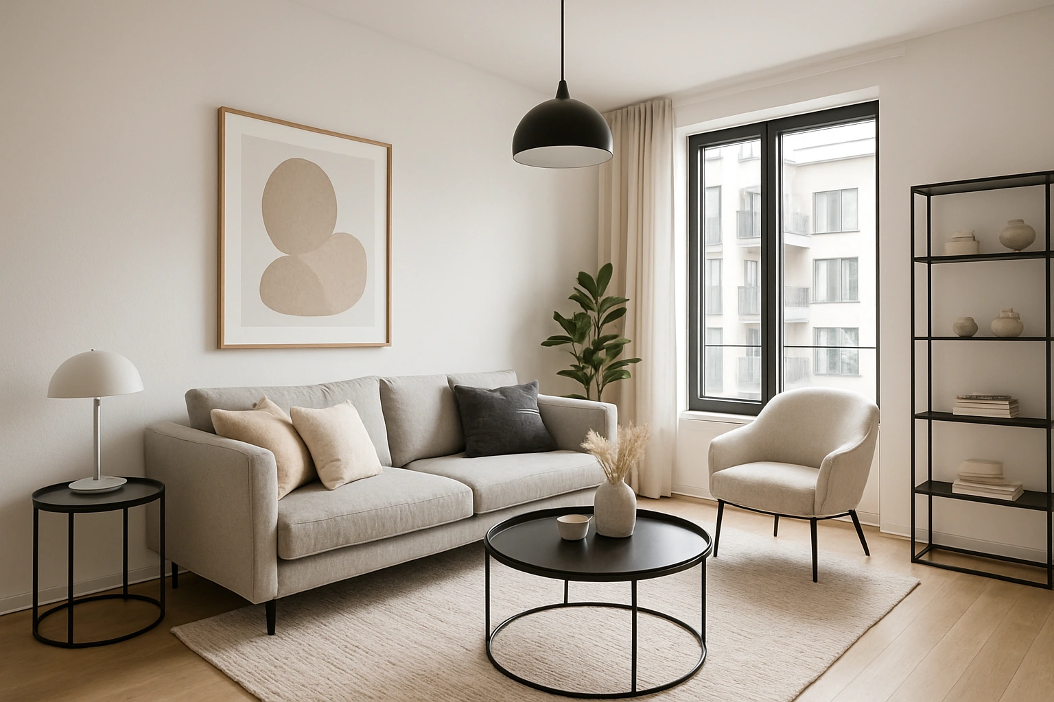 A stylish small apartment living room showcasing modern décor ideas and a feeling of spaciousness.